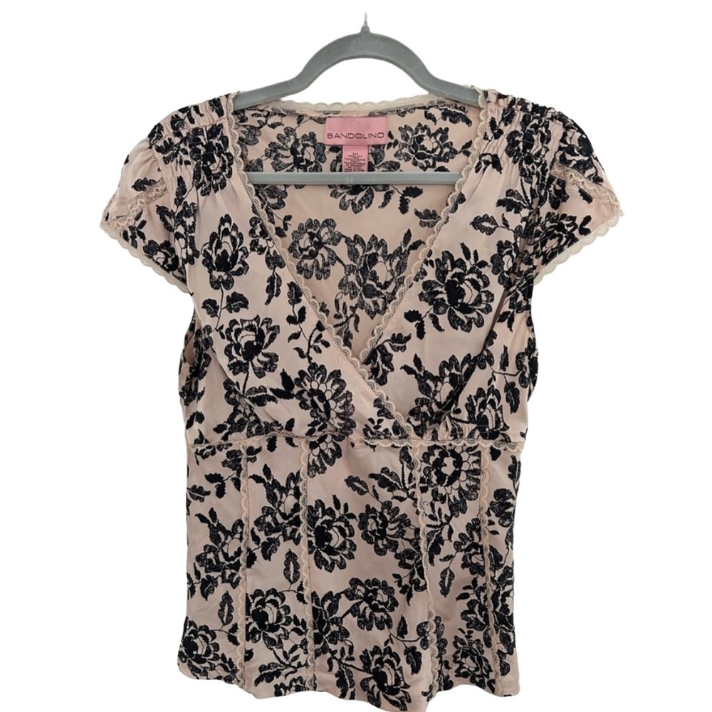 Bandolino Beige/Black Floral Print Short Sleeve V-Neck Blouse Size 10